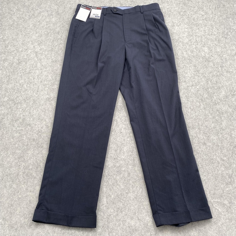 Roundtree & Yorke Pants Mens 34x30 Blue TravelSMART Dress Pleated Cuffed NEW